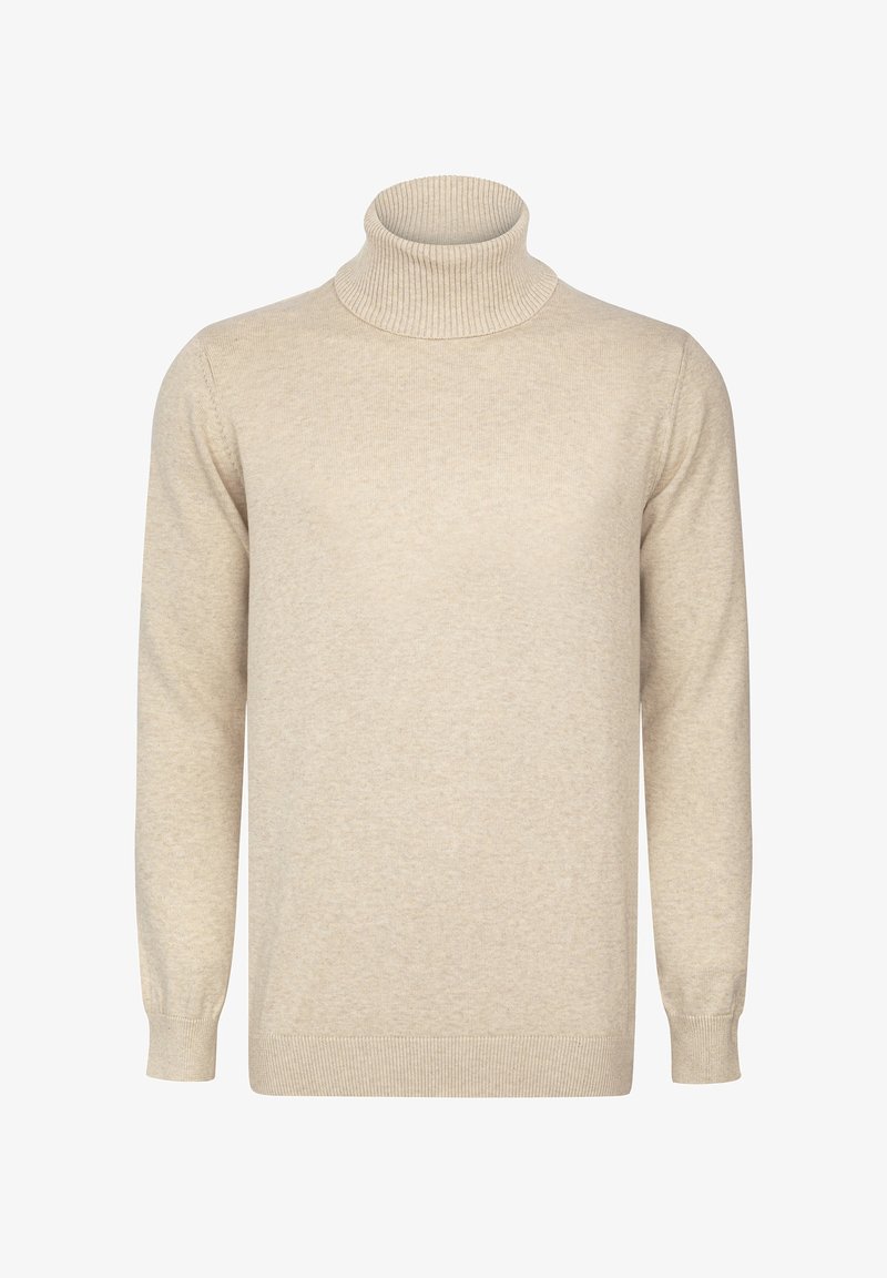 Pull beige en maille à col roulé avec manches longues, col côtelé, poignets et ourlet.