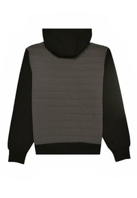 Bluza z kapturem z pikowanym, ciemnoszarym górnym częścią i czarnymi rękawami. Miękka tekstura z elastycznymi mankietami. Prosty design, bez dodatkowych detali.