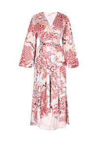 Rochie lungă, de tip wrap, realizată dintr-un material neted și ușor. Are un model floral vibrant în nuanțe de roșu, albastru și roz, cu mâneci tip clopot și talie legată.