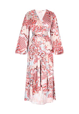 Long, wrap-style dress made from smooth, lightweight fabric. Features a vibrant red, blue, and pink floral pattern, with bell sleeves and a tied waist.