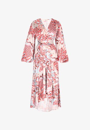 Ilgas, apvyniotas stiliaus suknelė, pagaminta iš lygaus, lengvo audinio. Su ryškiu raudonu, mėlynu ir rožiniu gėlių raštu, su platėjančiomis rankovėmis ir rišama juosmeniu.