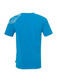 Korte mouwen T-shirt in felblauwe katoen, met een geperforeerd ontwerp op de rechter schouder, ronde hals en rechte zoom.