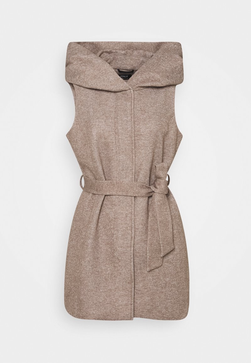 Veste sans manches beige en mélange de laine avec large col, ceinture nouée à la taille à l'avant, et tissu texturé pour une coupe confortable et ajustée.