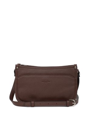 Sac en cuir marron en bandoulière de forme rectangulaire, avec une poche zippée à l'avant et une bandoulière réglable. Texture lisse et design minimaliste.