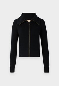 Svart ribbad zip-up-tröja med bred krage och guldfärgad dragkedjedetalj. Långa ärmar och figurnära midja. Texturerad tyg med en enhetlig färg.