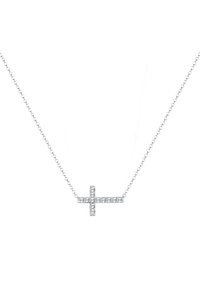 Silberne Halskette mit einem kleinen Kreuzanhänger, der transparente Edelsteine enthält. Die Kette ist zart und hat ein einheitliches Glieddesign.