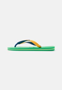 Green rubber flip-flop with yellow and navy blue straps. Textured footbed, contrasting sole layers, and a reinforced toe post.