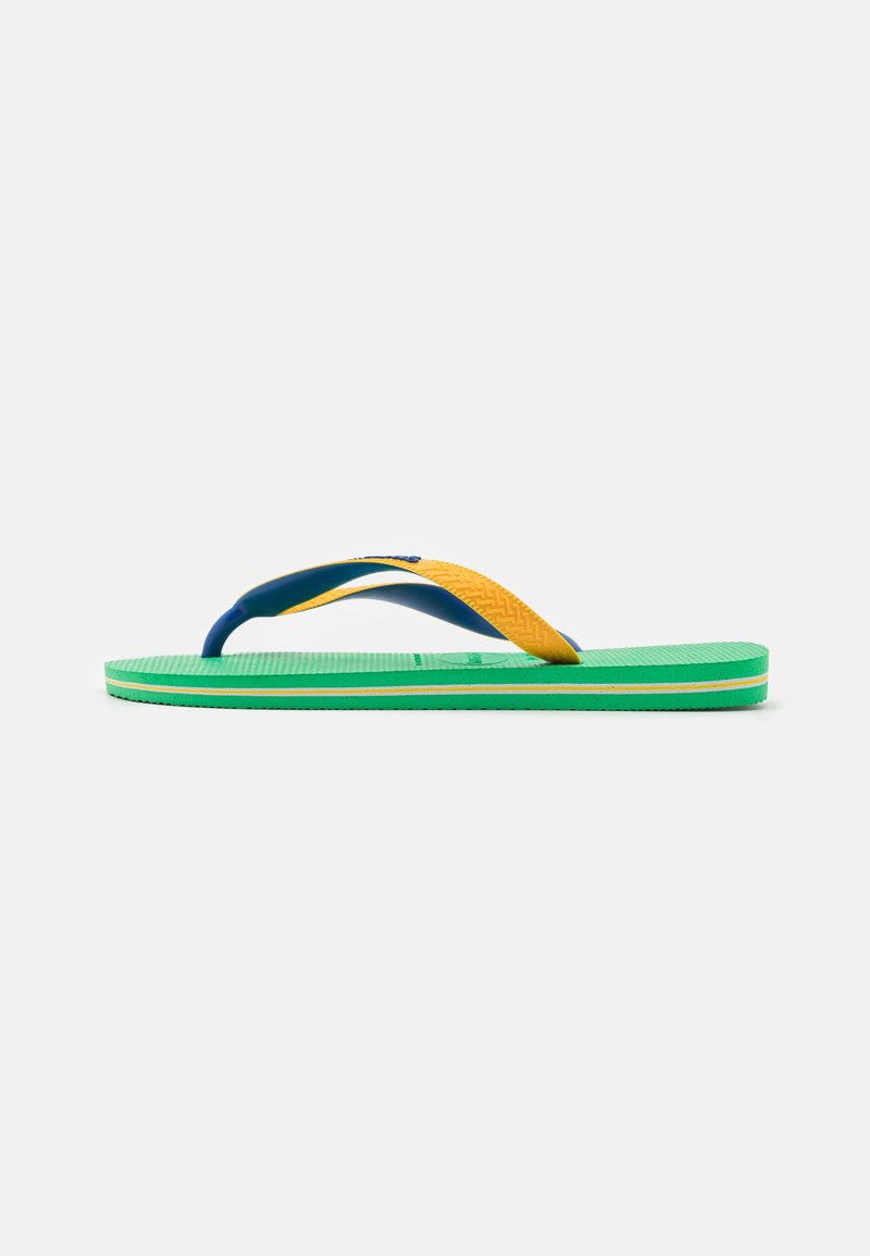 Green rubber flip-flop with yellow and navy blue straps. Textured footbed, contrasting sole layers, and a reinforced toe post.