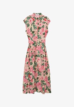 Cvetna obleka z kremasto bež ozadjem, roza in zelenimi cvetličnimi vzorci, kratkimi kapicami in pasom.