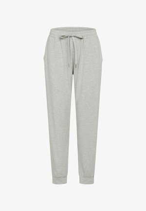 Lichtgrijze sweatpants met een elastische taille, verstelbaar trekkoord en taps toelopende pijpen, gemaakt van zachte stof met geribbelde boorden.