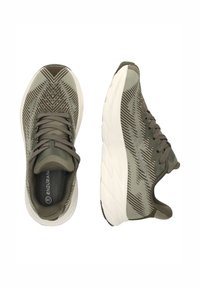 Viking w sneakersit oliiviroheline ja heledhalli värviga, millel on mustriline kudum ülaosa, kingapaelad ja paks valge tald. Peen tekstuur ja bränding sees.