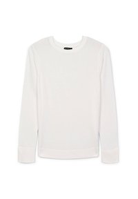 Weißer Langarmpullover aus weichem Material. Mit Rundhalsausschnitt, gerippten Bündchen und Saum sowie einer glatten, minimalistischen Textur.