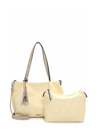 Beige totebag met een gladde textuur, voorzien van een zwarte rand en kwastdetail. Inclusief een kleinere bijpassende pouch met ritssluiting.