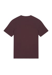 Bordeaux T-shirt met korte mouwen in een gladde stof, voorzien van een klassieke ronde hals en een vlakke achterkant zonder aanvullende patronen of details.