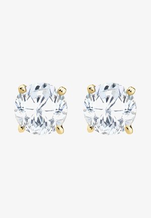 Klar, rund cubic zirconia øreringe sat i guld. Fire klør holder hver sten, som har en poleret overflade og reflekterende flader.