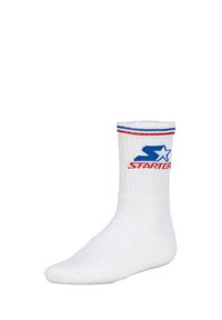 White ankle sock with ribbed texture, featuring a red and blue striped cuff. Logo "STARTER" in red with a blue star detail on the side.