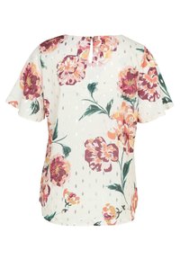 Blouse blanche à manches courtes avec grand imprimé floral rose et orange et petit motif diamant argenté, munie d'une fermeture à bouton avec ouverture en forme de trou de serrure dans le dos.