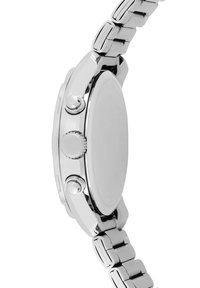 Silbernes Edelstahl-Armbanduhren mit einem glatten, runden Gehäuse, sichtbaren Drückern und einem polierten Armband. Das Ziffernblatt der Uhr ist minimalistisch und unauffällig.