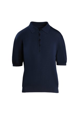 Navy short-sleeve polo shirt made of textured knit fabric, featuring a classic collar and six black buttons down the front.
