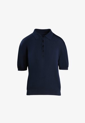 Marineblaues Poloshirt mit kurzen Ärmeln aus strukturiertem Strickstoff, ausgestattet mit einem klassischen Kragen und sechs schwarzen Knöpfen auf der Vorderseite.