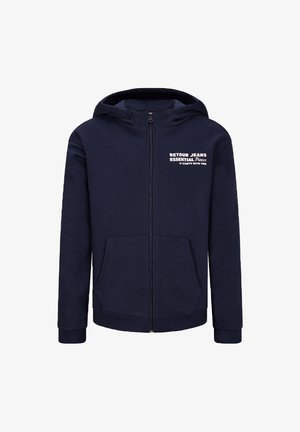 Felpa con zip navy realizzata in tessuto morbido, con logo frontale, due tasche laterali e cappuccio regolabile con cordino, polsini e orlo a costine.