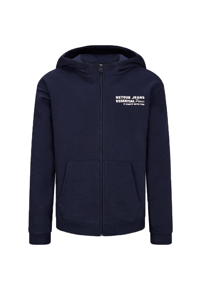 Felpa con zip navy realizzata in tessuto morbido, con logo frontale, due tasche laterali e cappuccio regolabile con cordino, polsini e orlo a costine.