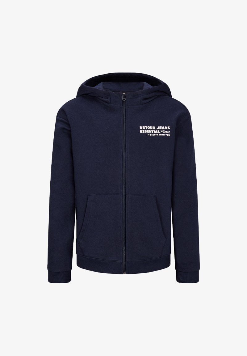 Felpa con zip navy realizzata in tessuto morbido, con logo frontale, due tasche laterali e cappuccio regolabile con cordino, polsini e orlo a costine.