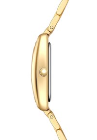 Orologio dorato con cassa liscia e arrotondata, pulsante laterale e schermo nero. Presenta un bracciale a maglie con finitura lucida.