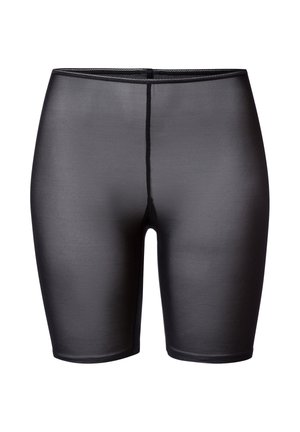 Sorte spandex-shorts med en glat overflade, der går til midten af låret og har et sømløst design. Har en central søm bagpå og en elastisk talje.