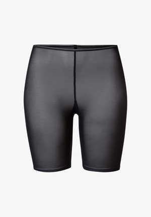 Pantalones cortos de spandex negros con una textura suave, de longitud media en el muslo y un diseño sin costuras. Presenta una costura central en la parte trasera y una cinturilla elástica.