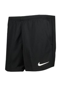 Pantalones cortos deportivos negros fabricados en tela ligera con una cintura elástica y un logotipo de Nike en blanco en la parte inferior izquierda.