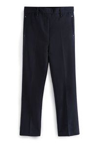 Pantaloni su misura blu navy con passanti per cintura, tasche laterali con rivetti e vestibilità a gamba dritta, mostrati su uno sfondo bianco.