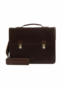 Braune Lederaktentasche mit einem oberen Griff, zwei Verschlüssen und einem abnehmbaren Schultergurt, mit geprägtem Branding auf der Vorderseite.