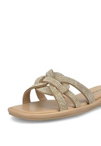 Gouden slide-sandalen met een gevlochten ontwerp en sprankelende rhinestone-accenten, platte zool en een gladde beige voetbed.