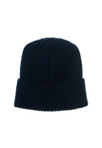 Gorro de punto en un oscuro azul marino con una textura acanalada, que presenta un dobladillo doblado y costuras verticales en la parte superior, hecho de un material suave.