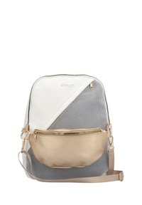 Backpack featuring a white textured upper and black mesh lower, with a gold accent zipper pocket and adjustable strap for added functionality.