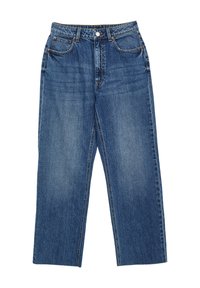Jeans in denim azzurro chiaro con taglio dritto, dotati di vita media, cinque tasche e chiusura con patta.