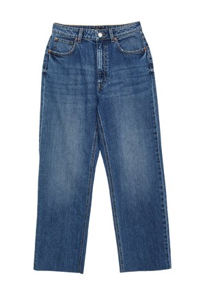 Jeans in denim azzurro chiaro con taglio dritto, dotati di vita media, cinque tasche e chiusura con patta.