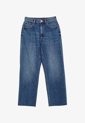 Jeans in denim azzurro chiaro con taglio dritto, dotati di vita media, cinque tasche e chiusura con patta.