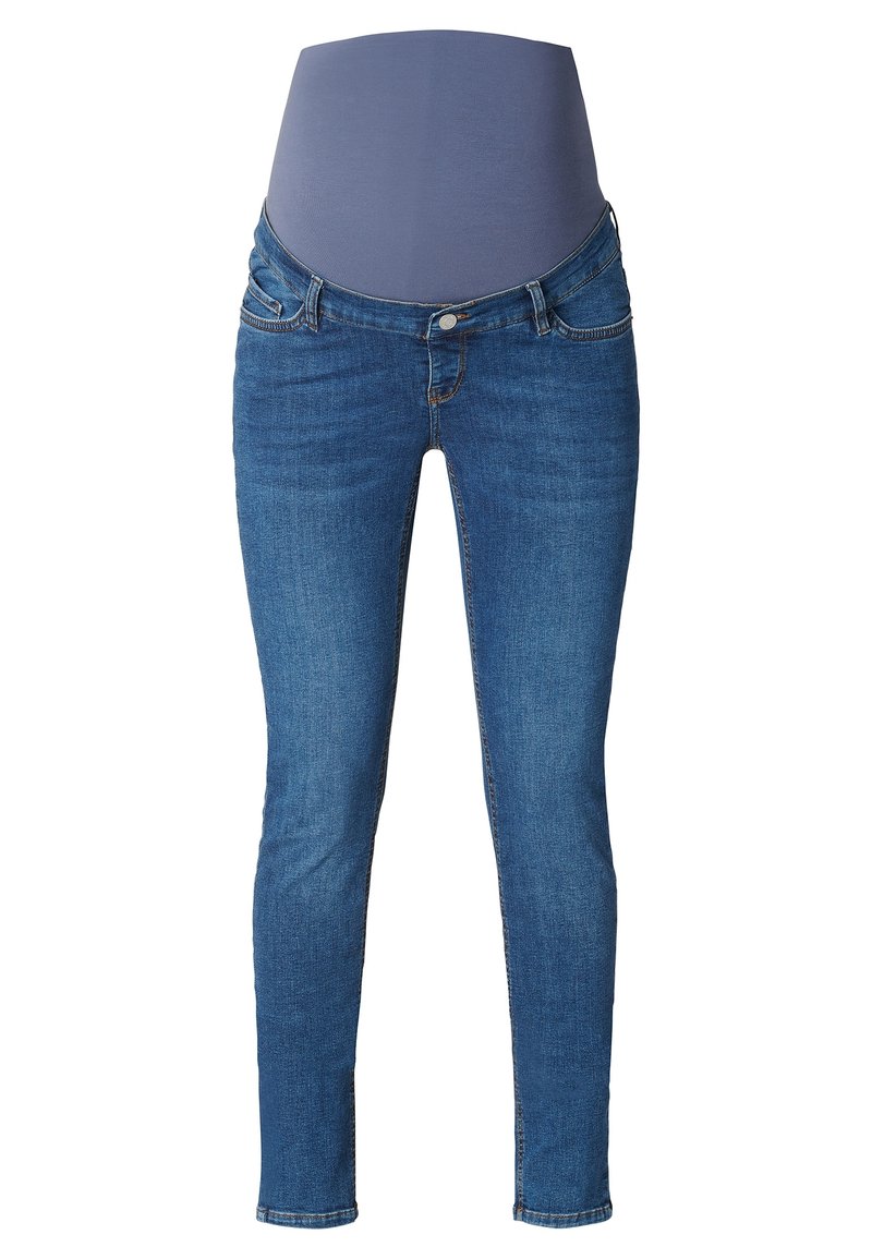 Jeans de maternidad en denim azul oscuro con un panel superior elástico para mayor comodidad. Corte ajustado con diseño clásico de cinco bolsillos y cierre de botón en la parte frontal.