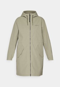 Světlý béžový deštník s kapucí, s předním zipem, dvěma šikmými kapsami s klopami, elastickými manžetami a logem "Didriksons" na levé straně hrudi.