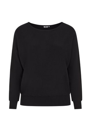 Sort sweatshirt lavet af blødt stof, med en bred halsudskæring, lange ærmer og ribbet kant. Enkel design uden synlige mønstre.