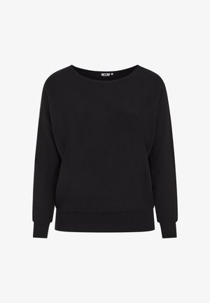 Melnā sweatshirt, kas izgatavota no mīkstas auduma, ar plašu apkakli, garām piedurknēm un ribotu apakšu. Vienkāršs dizains bez redzamām rakstām.