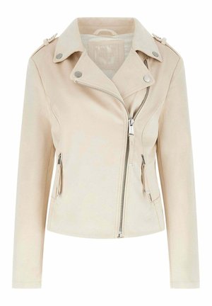 Giacca beige da donna aderente con cerniera frontale asimmetrica, ampio colletto con bottoni a pressione e due tasche laterali con cerniera.