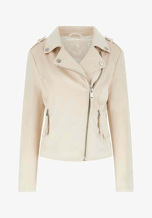 Giacca beige da donna aderente con cerniera frontale asimmetrica, ampio colletto con bottoni a pressione e due tasche laterali con cerniera.