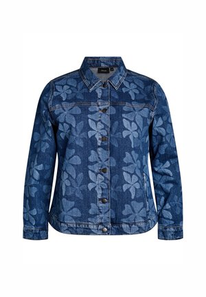 Mėlynas džinsinis švarkas su dideliais gėlių raštais visame paviršiuje, juodi užtrauktukai priekyje, apykaklė, ilgomis rankovėmis.