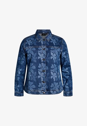 Blaue Jeansjacke mit großflächigem Blumenmuster, schwarzen Knöpfen vorne, kragenlosem Ausschnitt und langen Ärmeln.