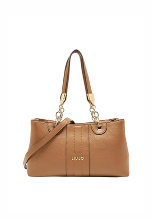 Borsa a mano in pelle marrone lavorata, con due spallacci a catena e pelle dorata e logo "LIU JO" in lettere dorate sul davanti.