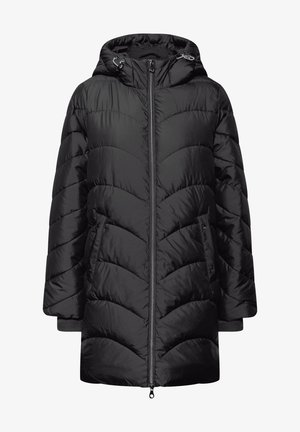 Schwarze Daunenjacke mit Kapuze, mit einem gesteppten Design, Reißverschluss und Seitentaschen. Hergestellt aus einem glatten, wasserabweisenden Material.