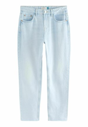 Jeans de pierna recta de color azul claro, hechos de denim con un acabado desgastado, que cuentan con dos bolsillos frontales, costuras en contraste y un cierre de botón.